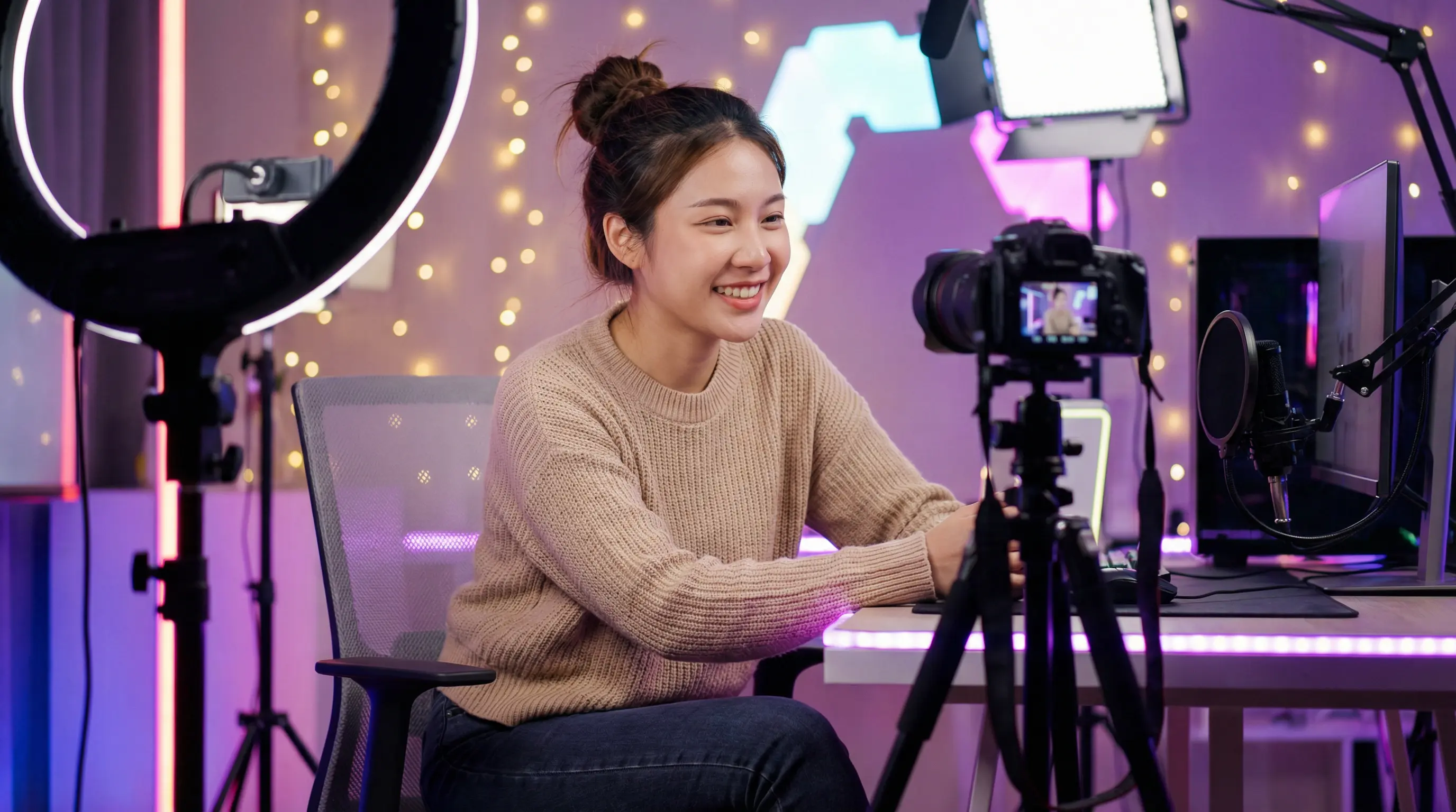 萝莉岛原创视频创作者在专业工作室录制视频